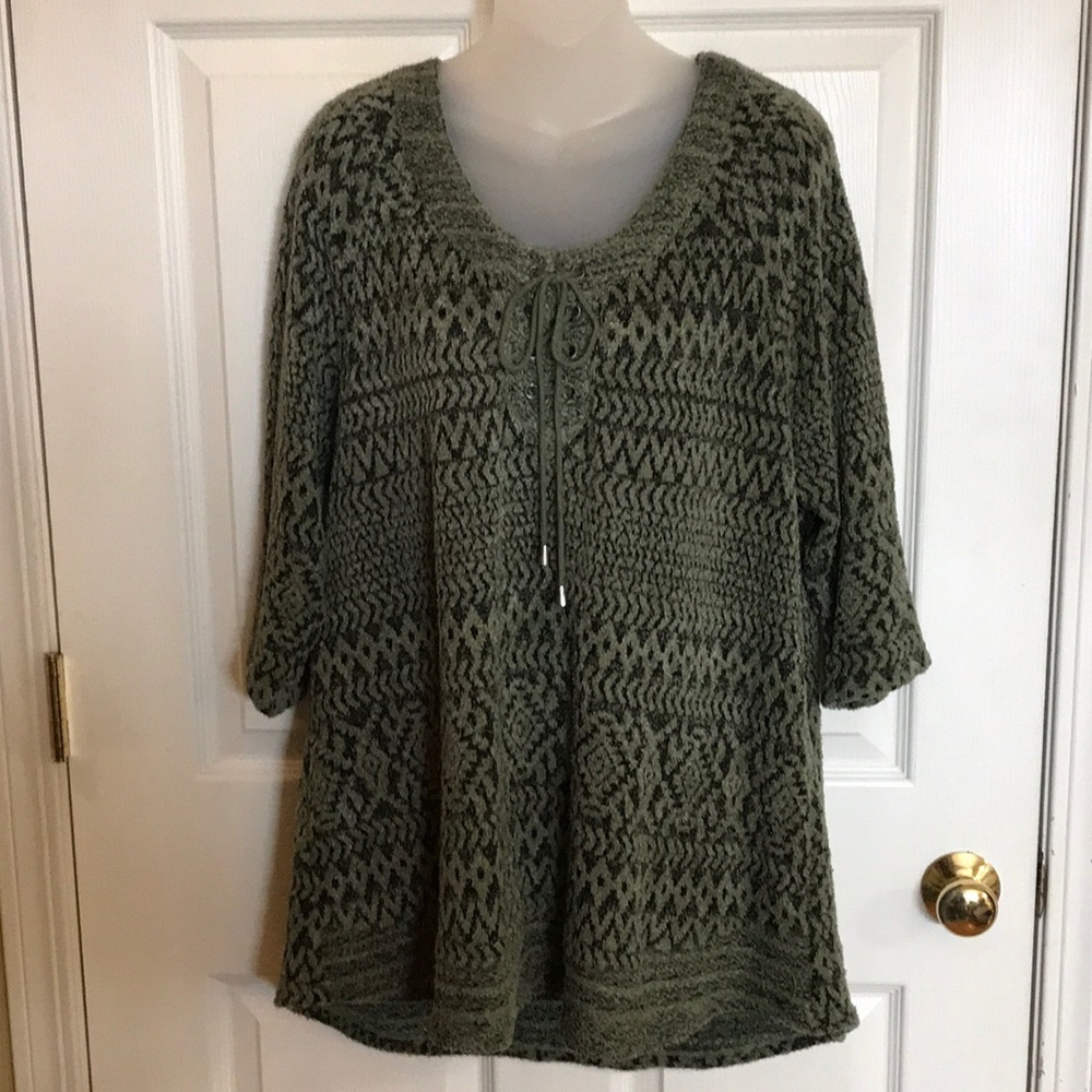 One World green eyelash knit sweater with 3/4 sleeves 1x